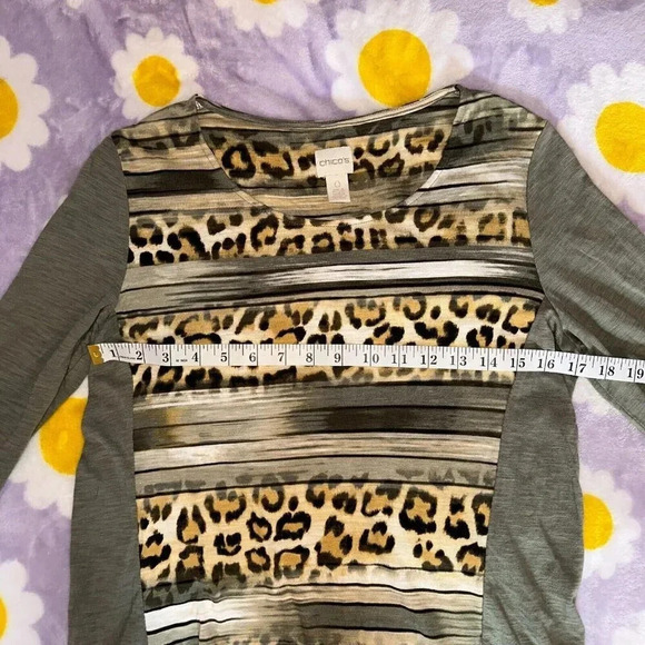 Chico's Striped Animal Print 3/4 Sleeve Tee Olive Green Sz XS (Chico's 0) - Picture 4 of 6